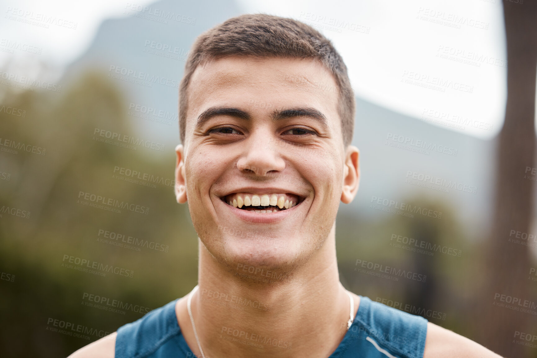 Buy stock photo Fitness, nature and portrait of man athlete ready for running for race, marathon or competition training. Sports, mountain and headshot of young male runner for an outdoor cardio exercise or workout.