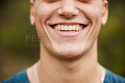 Buy stock photo Closeup, smile and mouth of a man on bokeh for oral hygiene, tooth cleaning and dentistry. Happy, face and a person showing results or progress of teeth whitening or dental care from a treatment