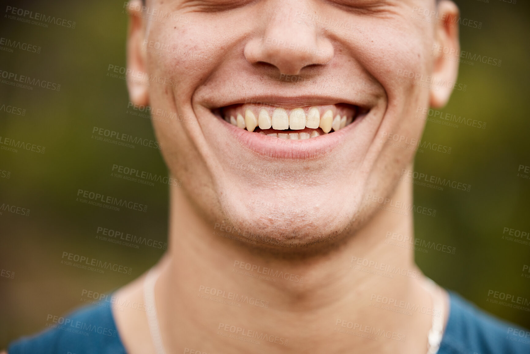 Buy stock photo Closeup, smile and mouth of a man on bokeh for oral hygiene, tooth cleaning and dentistry. Happy, face and a person showing results or progress of teeth whitening or dental care from a treatment