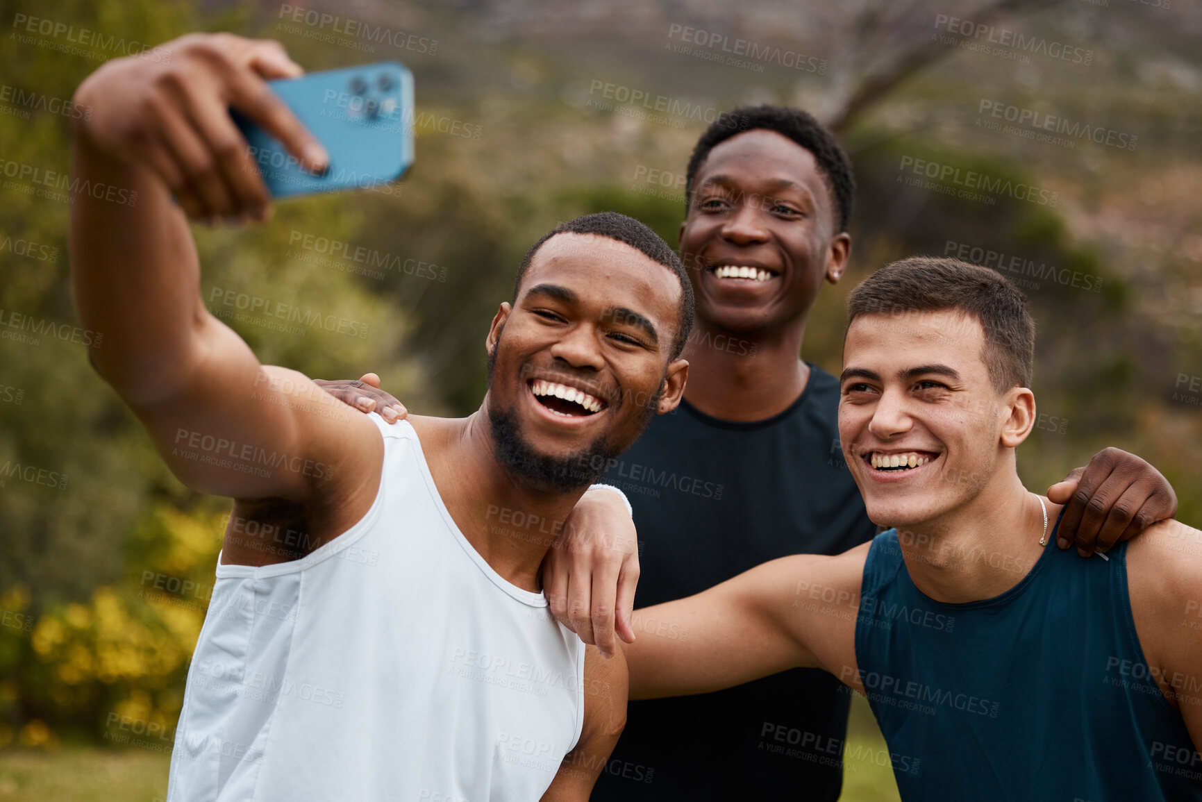 Buy stock photo People, fitness and friends in selfie, nature or sports memory together for workout, exercise or training. Happy group of active men smile in outdoor photography, picture or social media at forest