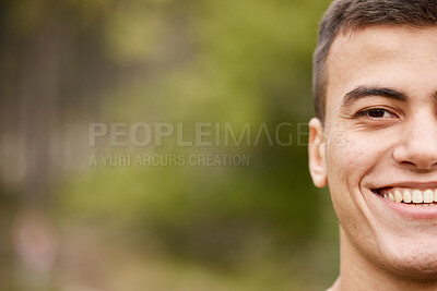 Buy stock photo Smile, half portrait and a man in nature for fitness, exercise or a workout on bokeh. Happy, face and an athlete or person in a park for training, sport or running on mockup space for cardio