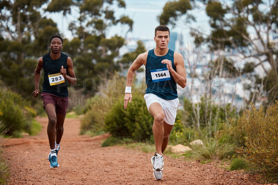 Buy stock photo Marathon, race and people running in nature for fitness competition or sports challenge. Runner or athlete men together for exercise, workout or cardio performance with speed, commitment and wellness