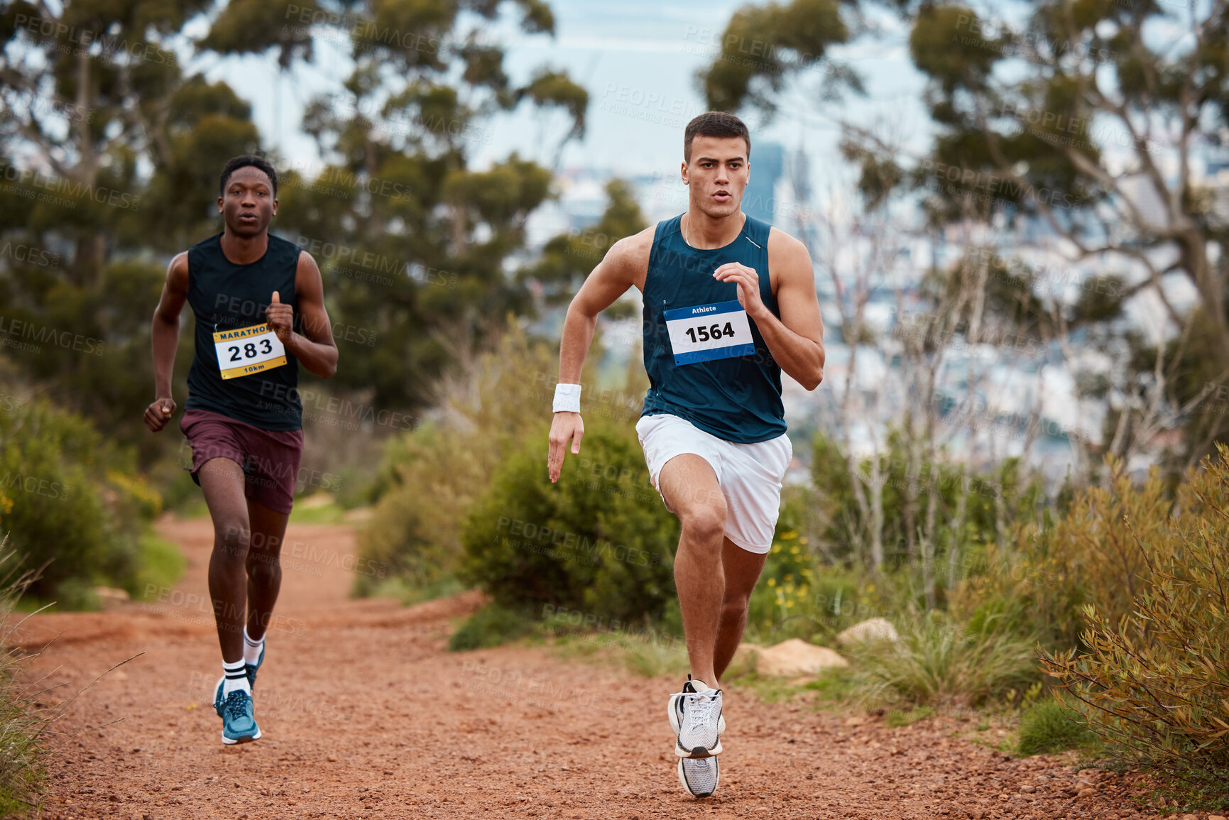 Buy stock photo Marathon, race and people running in nature for fitness competition or sports challenge. Runner or athlete men together for exercise, workout or cardio performance with speed, commitment and wellness