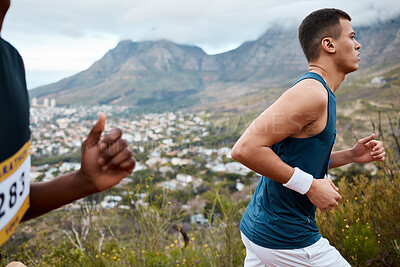 Buy stock photo Running, race and people in nature for marathon, fitness competition or sports challenge. Athlete men together for exercise, runner workout or cardio performance with speed, mountains and cityscape