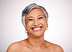 Smile, beauty and portrait of senior woman for skincare, wellness and dermatology. Happy, headshot and an elderly person or model with facial results for cosmetics advertising on a studio background