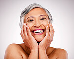 Happy senior woman, portrait and skincare in makeup or cosmetics against a studio background. Face of mature female person smile in happiness for healthy, perfect or soft skin from facial treatment