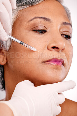 Buy stock photo Plastic surgery hands, needle injection or woman face for surgeon augmentation, studio treatment or medical spa wellness. Beauty salon clinic, doctor support or client PRP service on white background