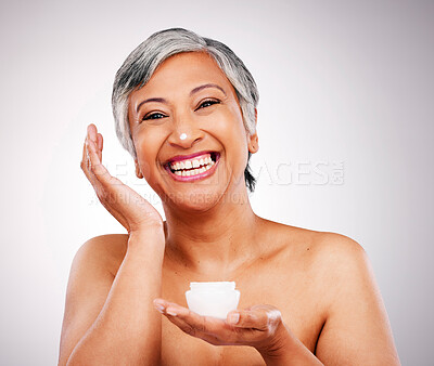 Buy stock photo Beauty, portrait and mature happy woman with cream container, skin hydration product or anti aging lotion. Spa dermatology, melasma skincare cosmetics and studio model face on gray background