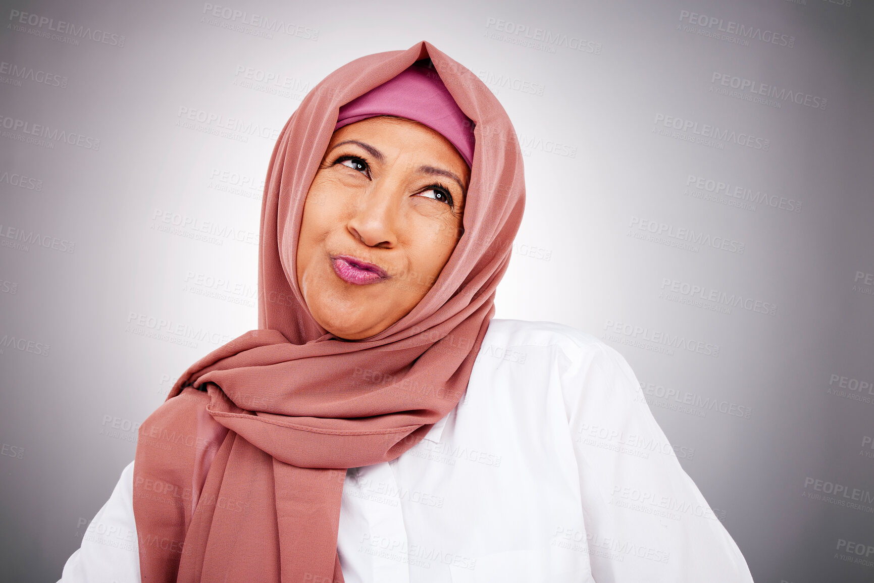 Buy stock photo Fashion, smile and Muslim woman thinking in studio isolated on a gray background. Happy Islamic female model in makeup, cosmetics and confident in trendy clothes, traditional hijab and stylish scarf