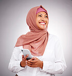 Muslim, phone and business woman with thinking and smile for career and vision with islamic company. Smartphone, person and employee in hijab or leader with corporate motivation and mindset in studio