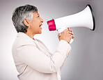 Business woman, megaphone and protest, breaking news or broadcast for gender equality and justice in studio. Serious manager or leader with call to action, attention and warning on white background