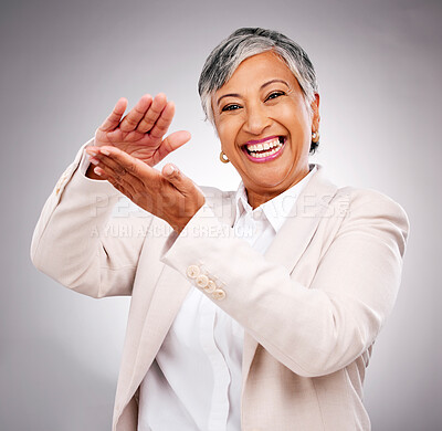 Buy stock photo Senior, business woman and portrait with clapping and celebration from success in studio. White background, elderly professional and smile with applause and happy from corporate job and support 