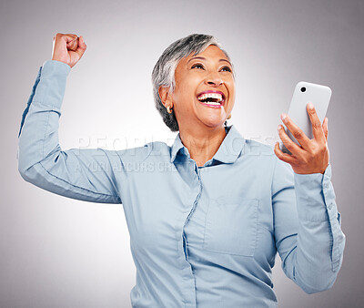 Buy stock photo Business woman, wow and phone celebration for success, power and yes with news, bonus or winning in studio. Happy manager or excited winner on mobile for achievement or job goals on white background