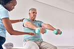 Physiotherapy, exercise and old man with dumbbell for wellness and muscle training on bed with black woman. Healthcare, physiotherapist and senior with workout for healing help, support and fitness