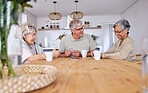 Playing cards, bonding and senior friends with coffee to relax in retirement with a game in a home. Talking, together and a senior man with women or people at a table for fun, break or happiness