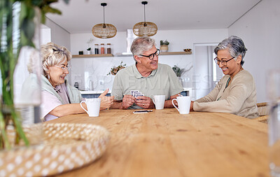 Buy stock photo Playing cards, bonding and senior friends with coffee to relax in retirement with a game in a home. Talking, together and a senior man with women or people at a table for fun, break or happiness