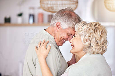 Buy stock photo Happy, love and face of senior couple dance at home with trust, care and security, bond and laugh. Retirement, romance and excited man elderly man with woman hug with intimacy, support or security