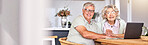 Banner, portrait and a senior couple with a laptop for an email, connection or home finance. Happy, technology and an elderly man and woman with a computer for insurance, planning or internet