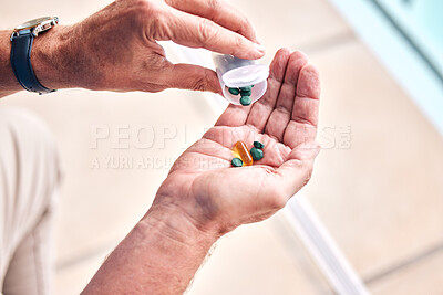 Buy stock photo Hands, pills and bottle in closeup, home and self care with pharmaceutical product for wellness in retirement. Person, patient and medicine for healthcare supplements, vitamin and omega 3 in house