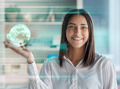 Buy stock photo Earth, hologram in palm and business woman networking, smile and futuristic portrait in binary overlay. Holographic world, 3d hand and globe for future sustainability, eco friendly and globalization