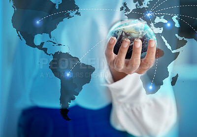 Buy stock photo Business woman, hands and globe hologram for worldwide connection, global data and cybersecurity and blue networking. 3D, world or planet earth in person palm for integration software development