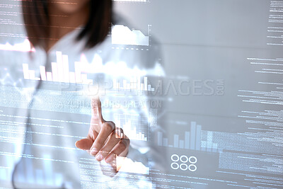 Buy stock photo Woman hand, press screen and digital overlay for biometric information, business data analytics or cybersecurity software. Worker with fingerprint glow on graphs, charts and gdpr marketing technology
