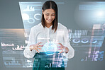 Business woman, hands and globe overlay, data analysis and worldwide connection, dashboard and holographic in studio. Person palm with 3D of planet earth for integration software on a gray background