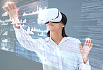 Woman, glasses and virtual reality overlay of digital data analytics, metaverse screen or 3d hologram in studio. Professional person for graphs, charts or statistics in VR software on gray background