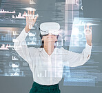 Woman, vision and virtual reality overlay of digital data analytics, metaverse screen and software in studio. Professional person for graphs, charts or statistics in VR glasses on a gray background