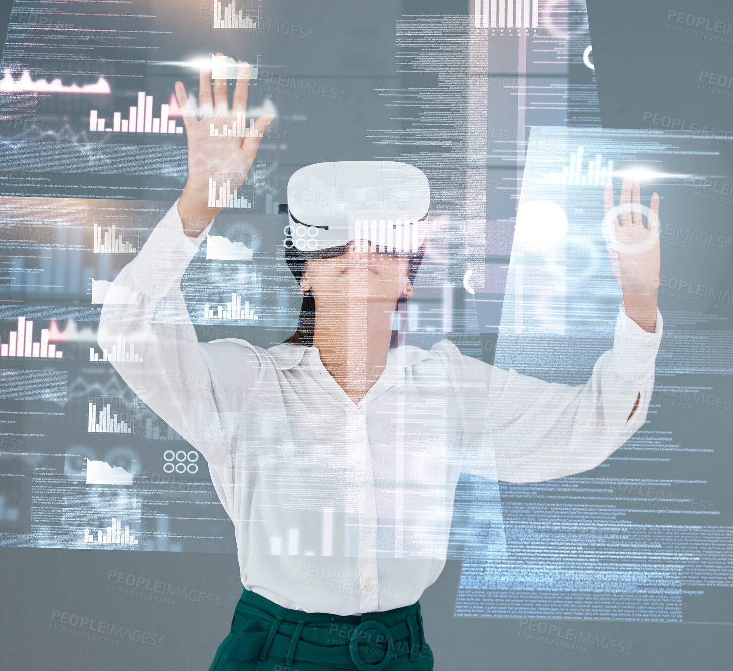 Buy stock photo Woman, vision and virtual reality overlay of digital data analytics, metaverse screen and software in studio. Professional person for graphs, charts or statistics in VR glasses on a gray background