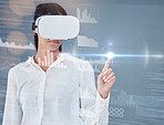 Woman, VR glasses and press overlay screen for digital data analytics, metaverse and software hologram in studio. Business person with fingerprint glow for gdpr in virtual reality on gray background
