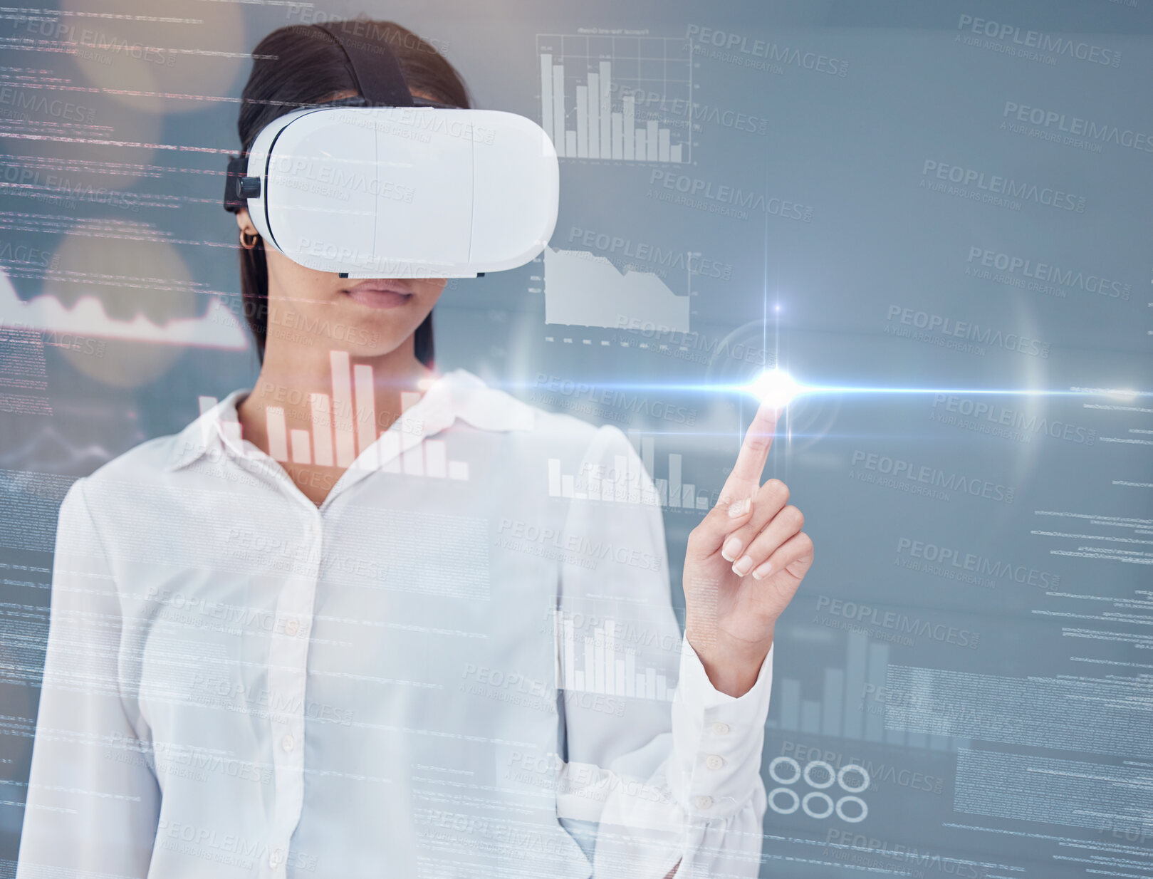 Buy stock photo Woman, VR glasses and press overlay screen for digital data analytics, metaverse and software hologram in studio. Business person with fingerprint glow for gdpr in virtual reality on gray background