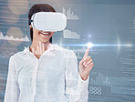 Business woman, VR glasses and overlay screen on fingerprint glow, data analytics and happy in studio metaverse. Person press hologram of charts, graphs and gdpr in virtual reality on gray background