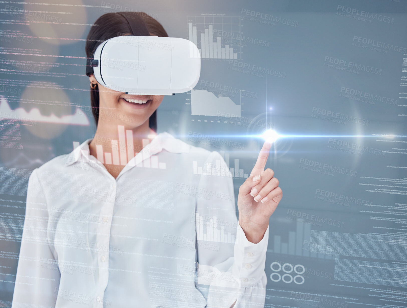 Buy stock photo Business woman, VR glasses and overlay screen on fingerprint glow, data analytics and happy in studio metaverse. Person press hologram of charts, graphs and gdpr in virtual reality on gray background