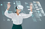 Woman, VR screen and glasses with hologram for digital data analytics, metaverse and software overlay in studio. busuness person and hands with graphs, charts and virtual reality on a gray background