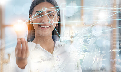 Buy stock photo Overlay, networking and business woman with futuristic digital ideas with light bulb for city globalization. Double exposure, information and employee with connection for energy sustainability