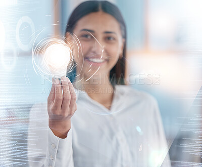 Buy stock photo Overlay, light bulb and business woman with futuristic sustainability ideas for data analytics development. Hologram, information and employee with connection for clean energy electric technology