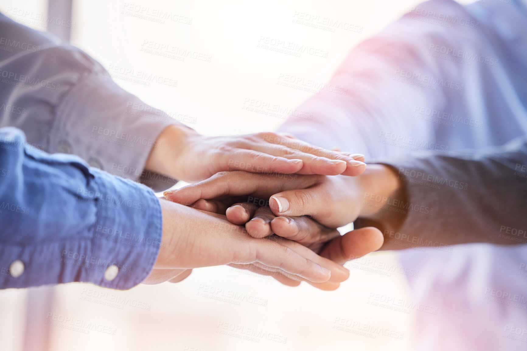 Buy stock photo Hands, business and people in support of teamwork, success and trust for collaboration. Closeup, employees and agreement for winning, motivation and celebrate cooperation, solidarity and achievement