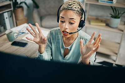 Buy stock photo Call center, stress and woman in office annoyed by faq, glitch or crm communication problem from above. Telemarketing, anxiety and lady frustrated while consulting for lead generation with 404 crisis