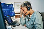 Headache, stress and woman in call center, fatigue or burnout at help desk office. Pain, migraine and tired African consultant frustrated at customer, fail telemarketing challenge or financial crisis