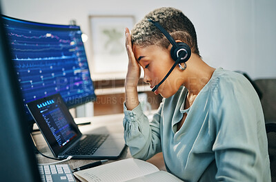 Buy stock photo Headache, stress and woman in call center, fatigue or burnout at help desk office. Pain, migraine and tired African consultant frustrated at customer, fail telemarketing challenge or financial crisis