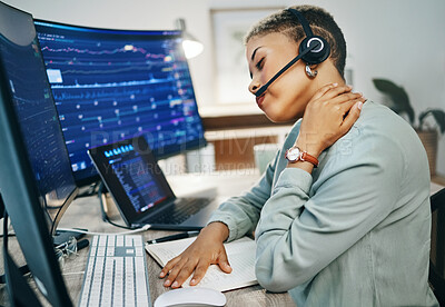 Buy stock photo Frustrated woman, call center and neck pain of broker or consultant in stress, burnout or ache at office. Female person or agent with headphones or injury in stock market finance or debt at workplace