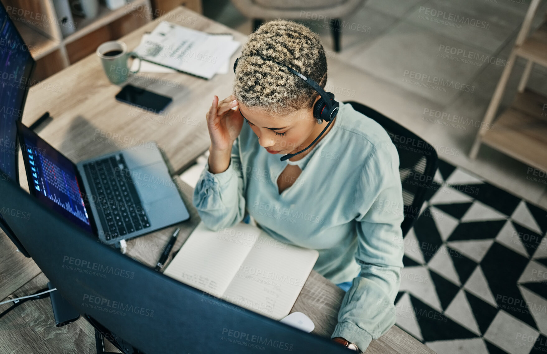 Buy stock photo Headache, stress and woman in call center, burnout or fatigue at help desk office. Pain, migraine and tired African consultant frustrated at customer, fail telemarketing challenge or financial crisis