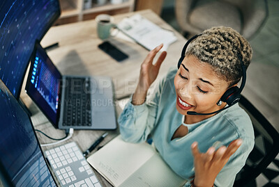 Buy stock photo Frustrated woman, call center and stock market crash in mistake, fail or financial crisis at office. Female person, consultant or broker in debt, stress or anxiety for bad investment, finance or loss