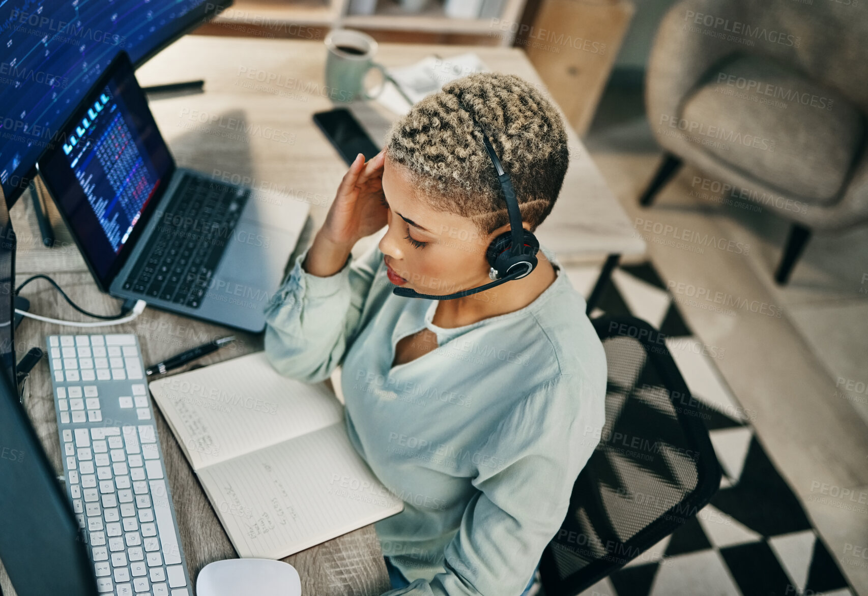 Buy stock photo Headache, pain and woman in call center, fatigue or burnout at help desk office. Stress, migraine and tired African consultant frustrated at customer, fail telemarketing challenge or financial crisis