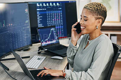 Buy stock photo Happy woman, phone call and broker consulting in trading, cryptocurrency or online advice at office. Female person, consultant or financial advisor talking on mobile smartphone for stock market help