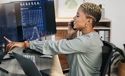 Buy stock photo Happy woman, phone call and consulting on stock market, trading or online finance at office. Female person, broker or financial advisor talking on mobile smartphone for advice, help or investment