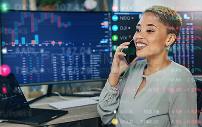 Buy stock photo Happy woman, phone call and broker consulting stock market trends, overlay or discussion at office. Female person or financial advisor smile talking on mobile smartphone for finance, profit or loss