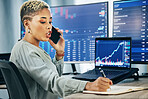 Business woman, phone call and writing on stock market, consulting or trading discussion in online finance at office. Female person, broker or financial advisor talking on mobile smartphone in advice