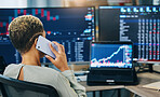 Woman, phone call and broker consulting in trading, stock market or discussion for online finance at office. Business female person or financial advisor talking on mobile smartphone in advice or help